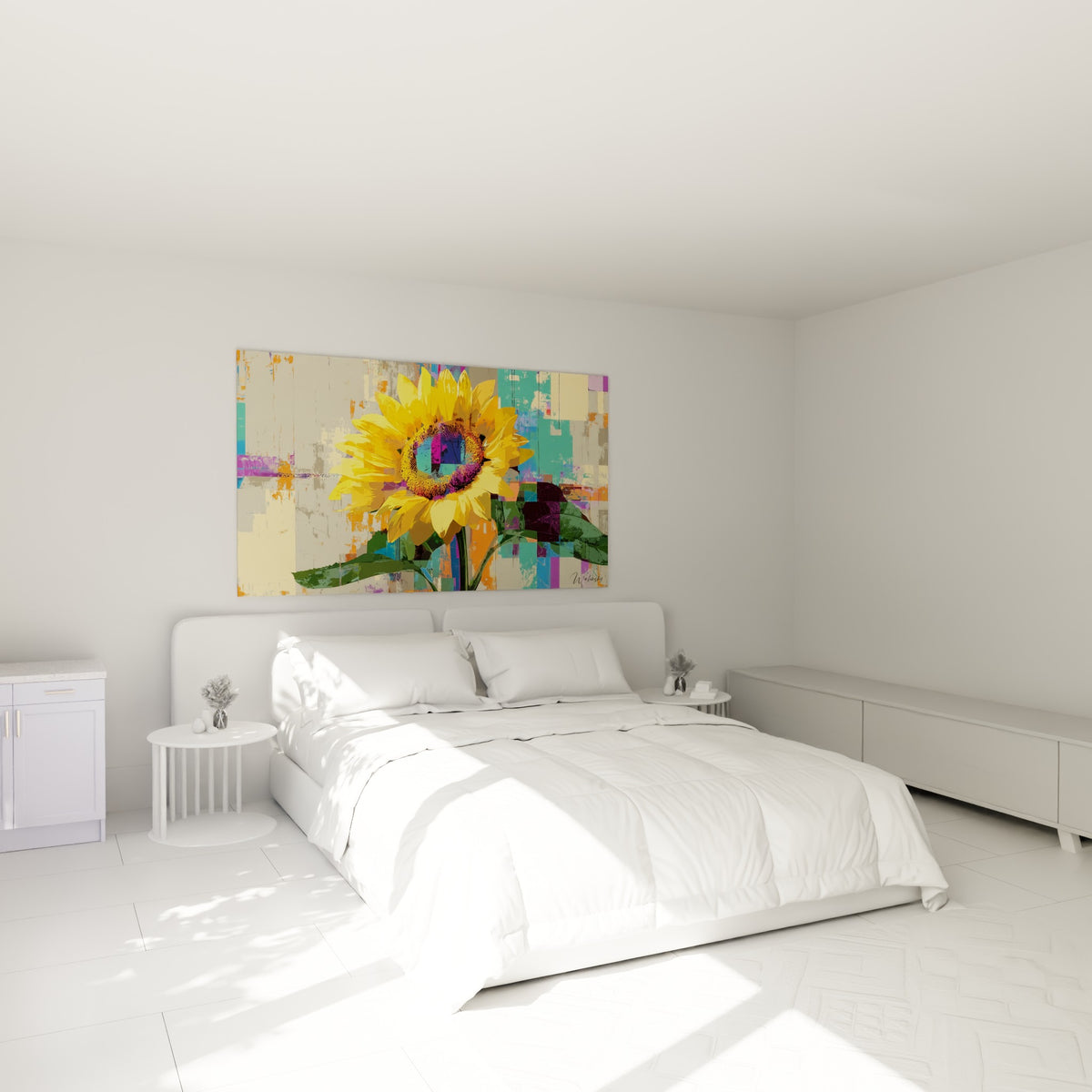 Pétales jaunes et cœur violet du tournesol accrochés au-dessus d'un lit dans une chambre claire
