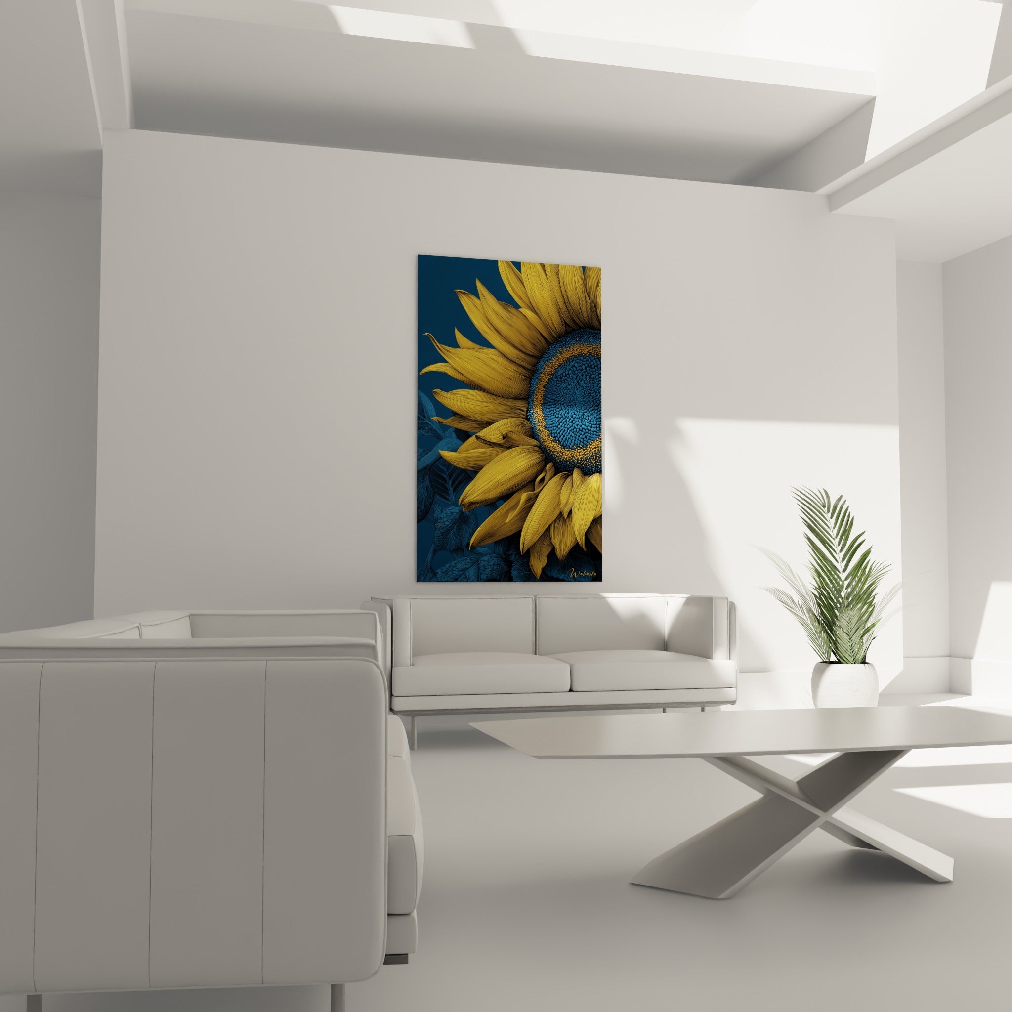 Pétales dorés et cœur bleu marine du tournesol accrochés au-dessus d'un canapé dans un salon lumineux