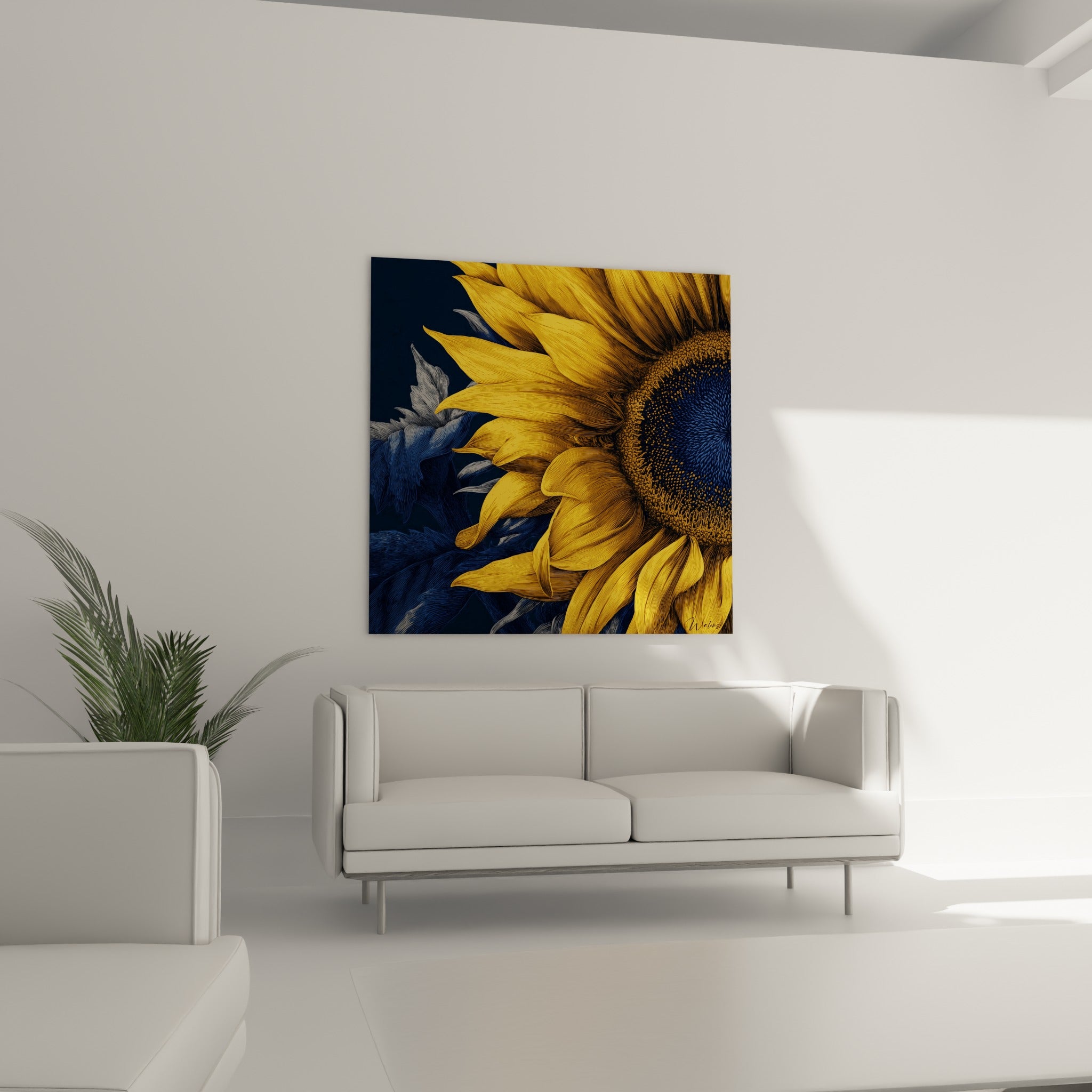 Fleur jaune éclatante contrastant avec des feuilles bleu gris, disposée au-dessus d'un canapé dans un salon lumineux