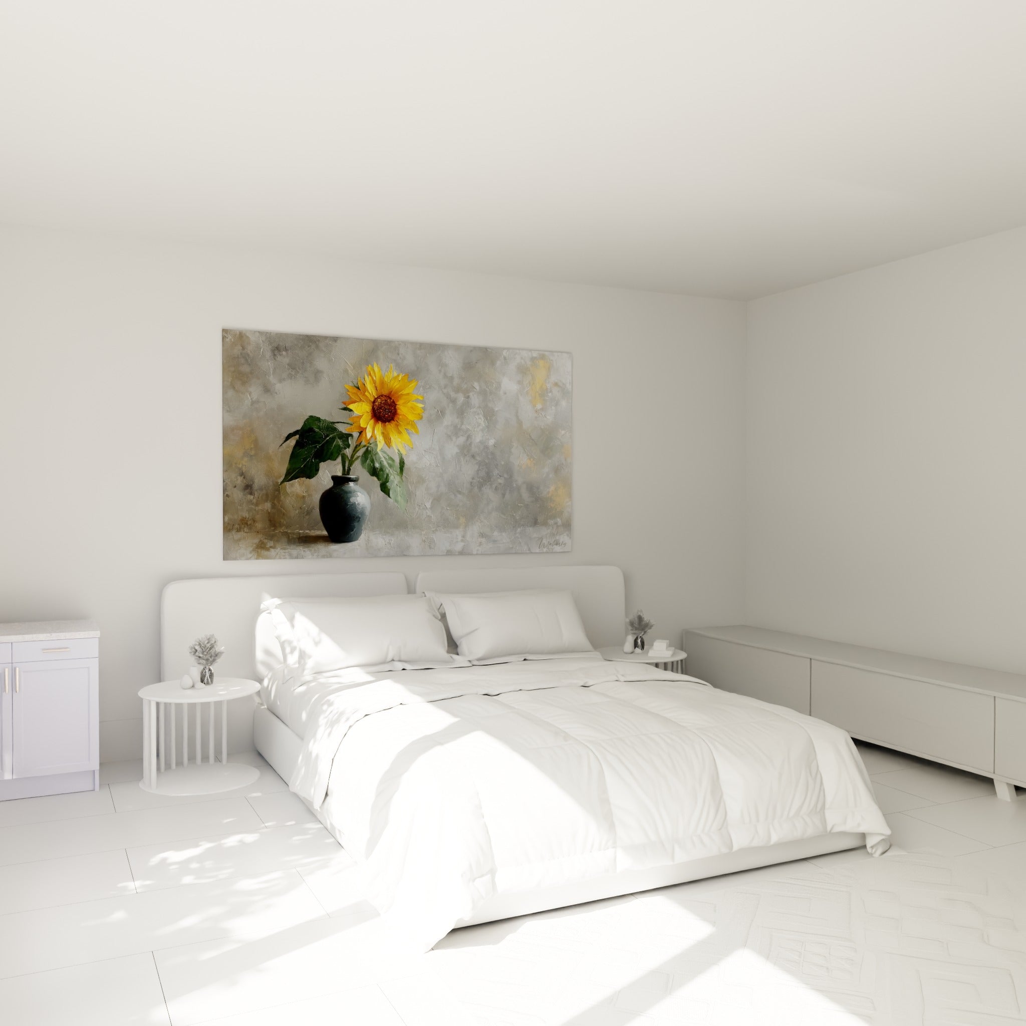 Fleur de tournesol jaune et vase anthracite peints, accrochés au-dessus d'un lit dans une chambre claire