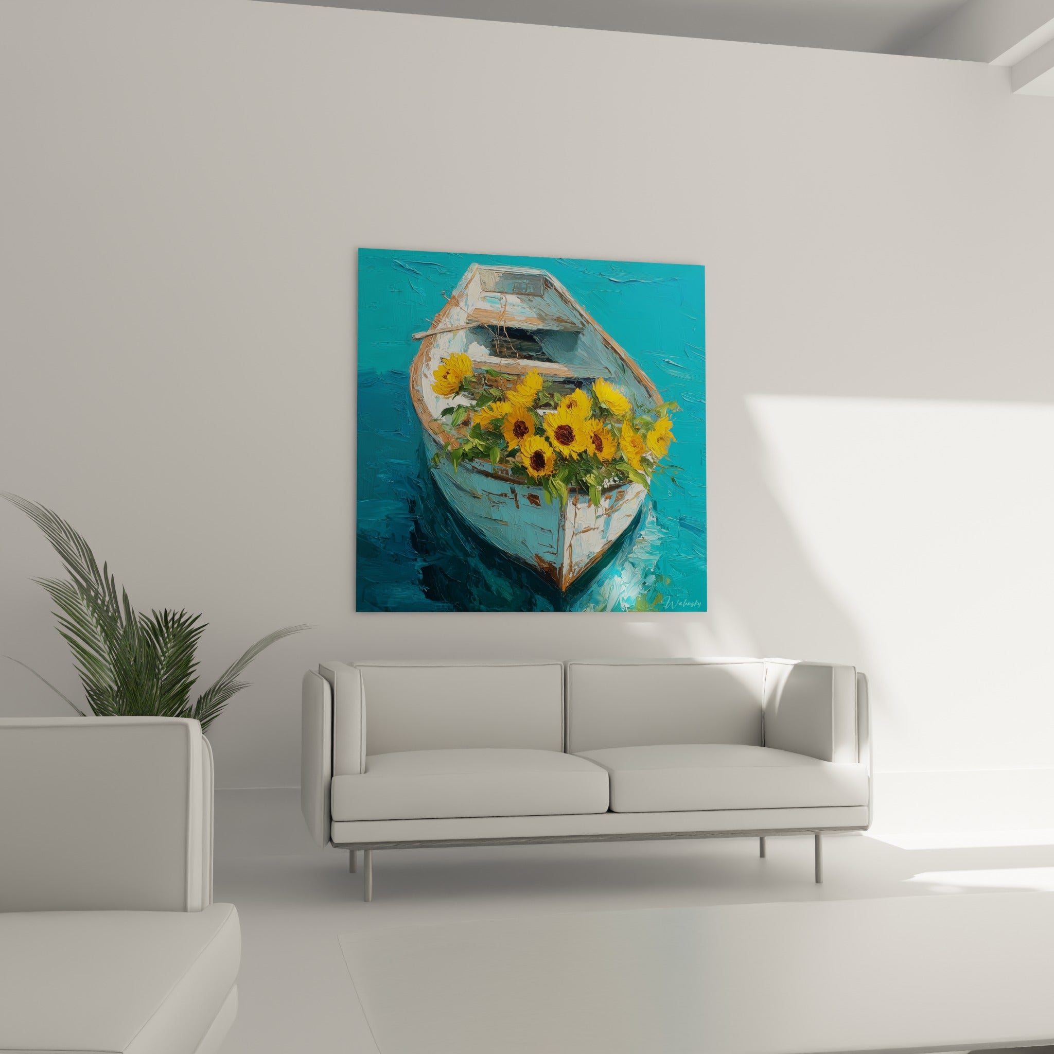 Bouquet de tournesols jaunes émergeant d'une coque blanche au-dessus d'un canapé dans un salon lumineux