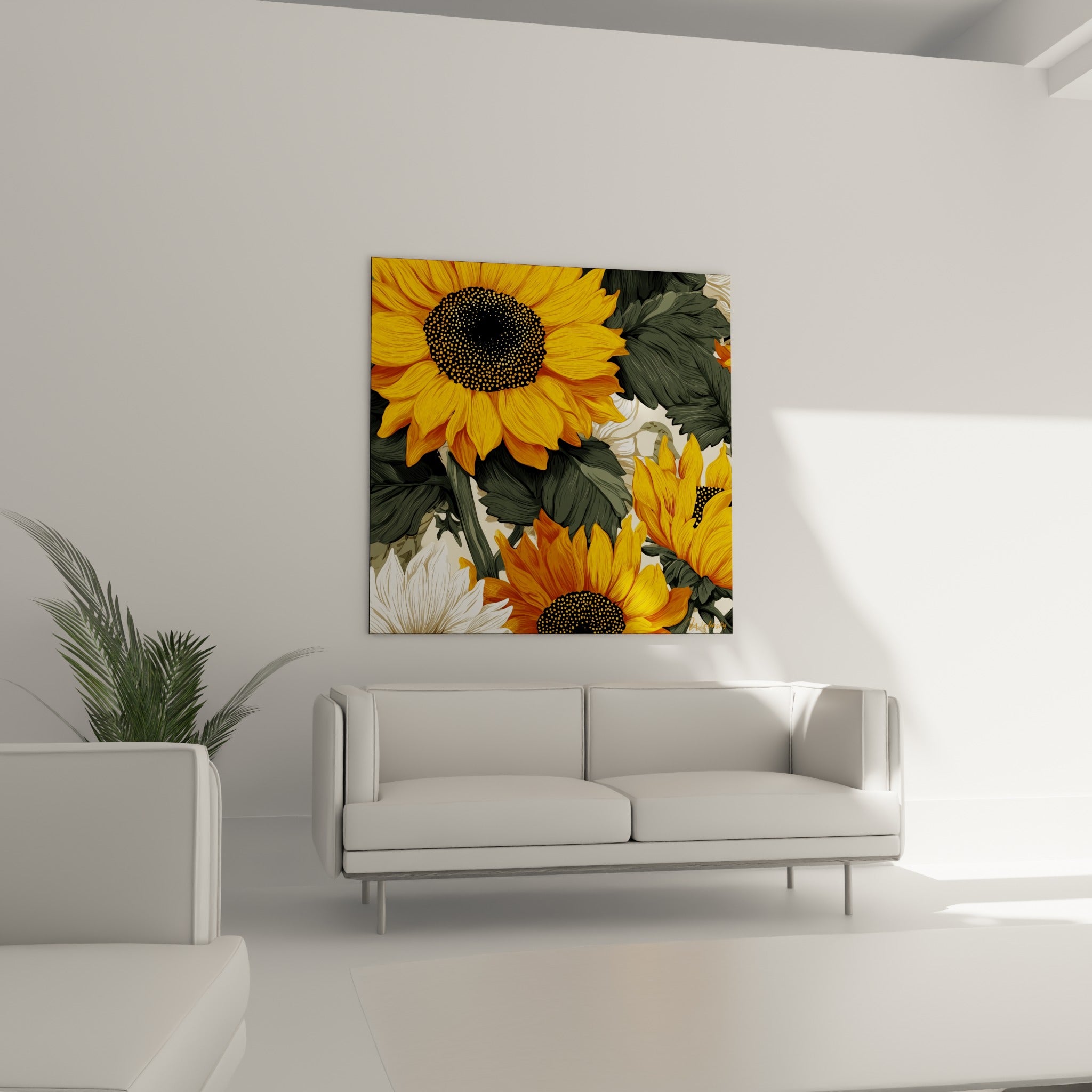 Fleurs dorées et blanches du Tournesol au-dessus d'un canapé dans un salon lumineux