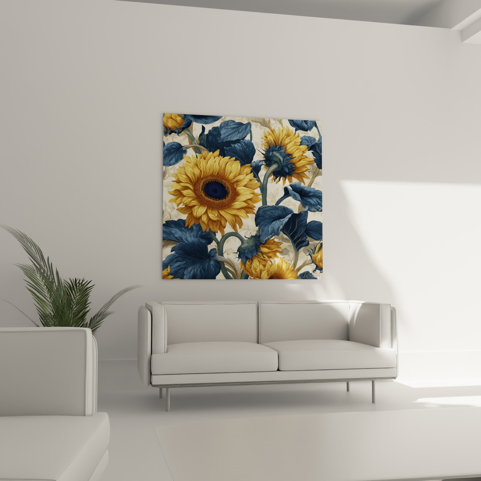 Fleurs de tournesol jaunes et feuillage bleu profond accrochés au-dessus d'un canapé dans un salon lumineux