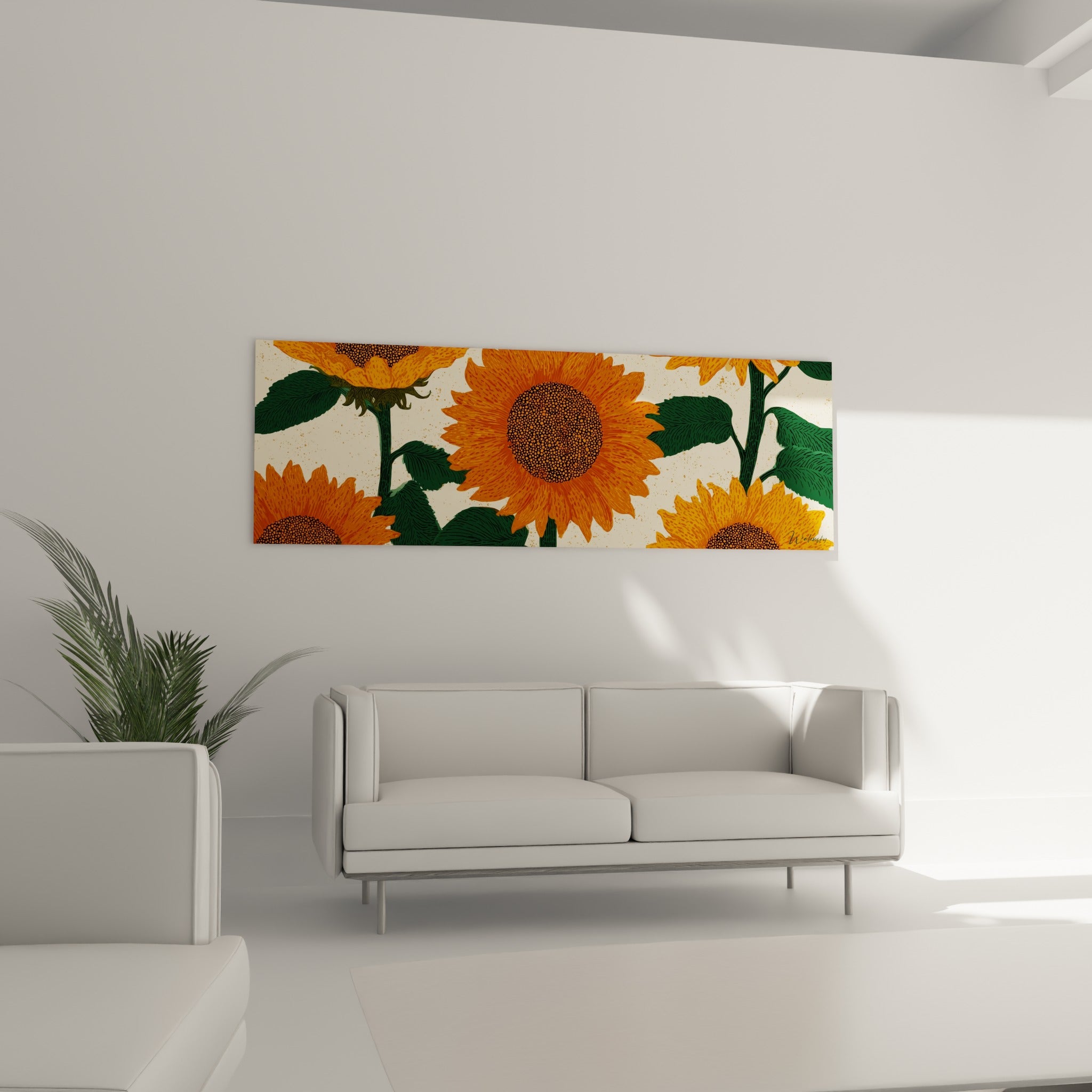 Pétales de tournesol orange vif et feuillage vert profond disposés au-dessus d'un canapé dans un salon lumineux