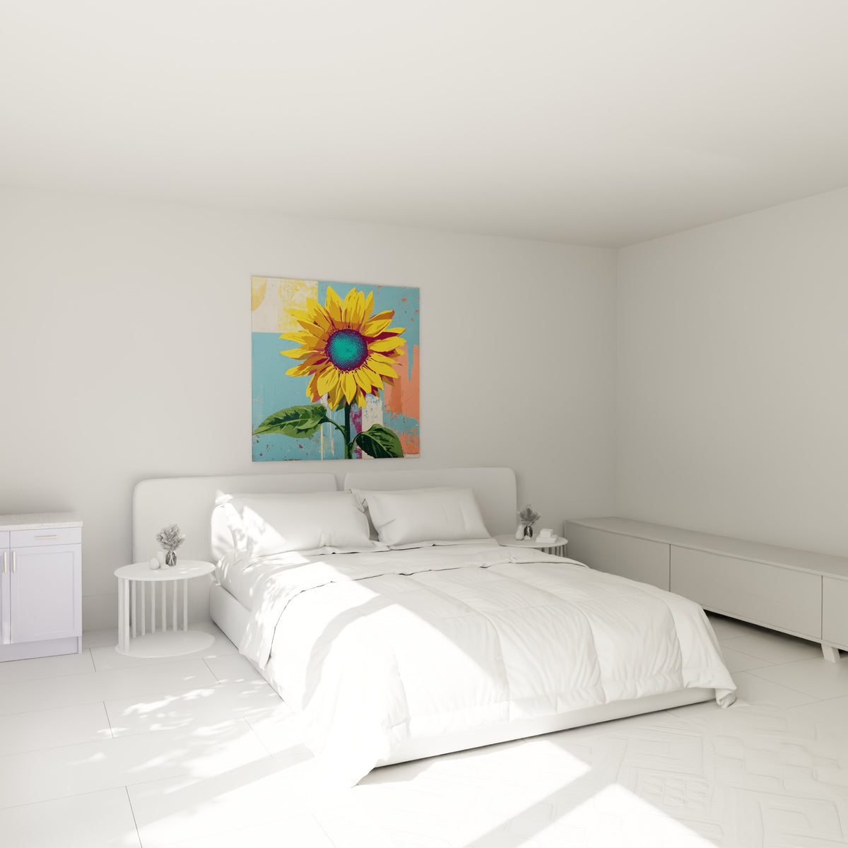 Grand tournesol jaune et bleu turquoise accroché au-dessus d'un lit dans une chambre claire