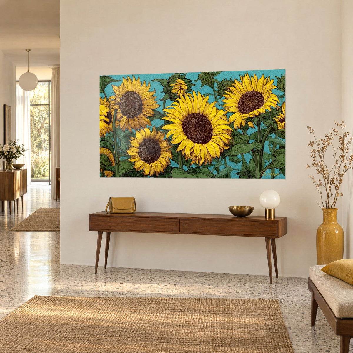 Cuadro campo de girasoles dibujados a tinta, pétalos amarillo vivo, hojas verde abeto, visto de tres cuartos, consola de madera oscura