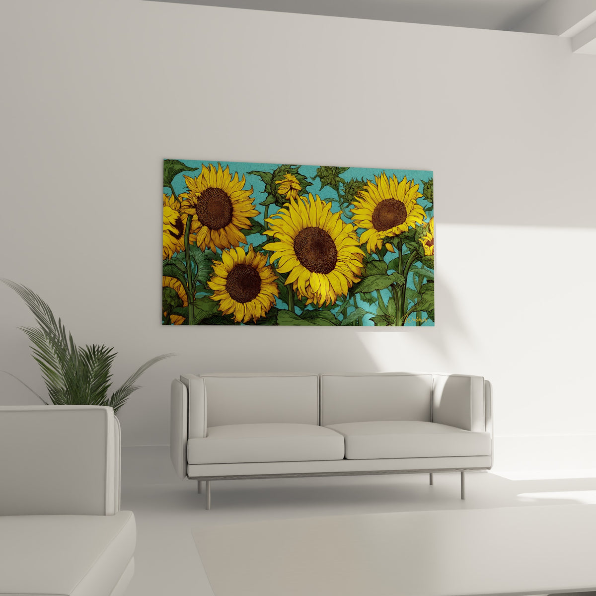 Bouquet de tournesols dorés sur fond turquoise suspendu au-dessus d'un canapé dans un salon lumineux
