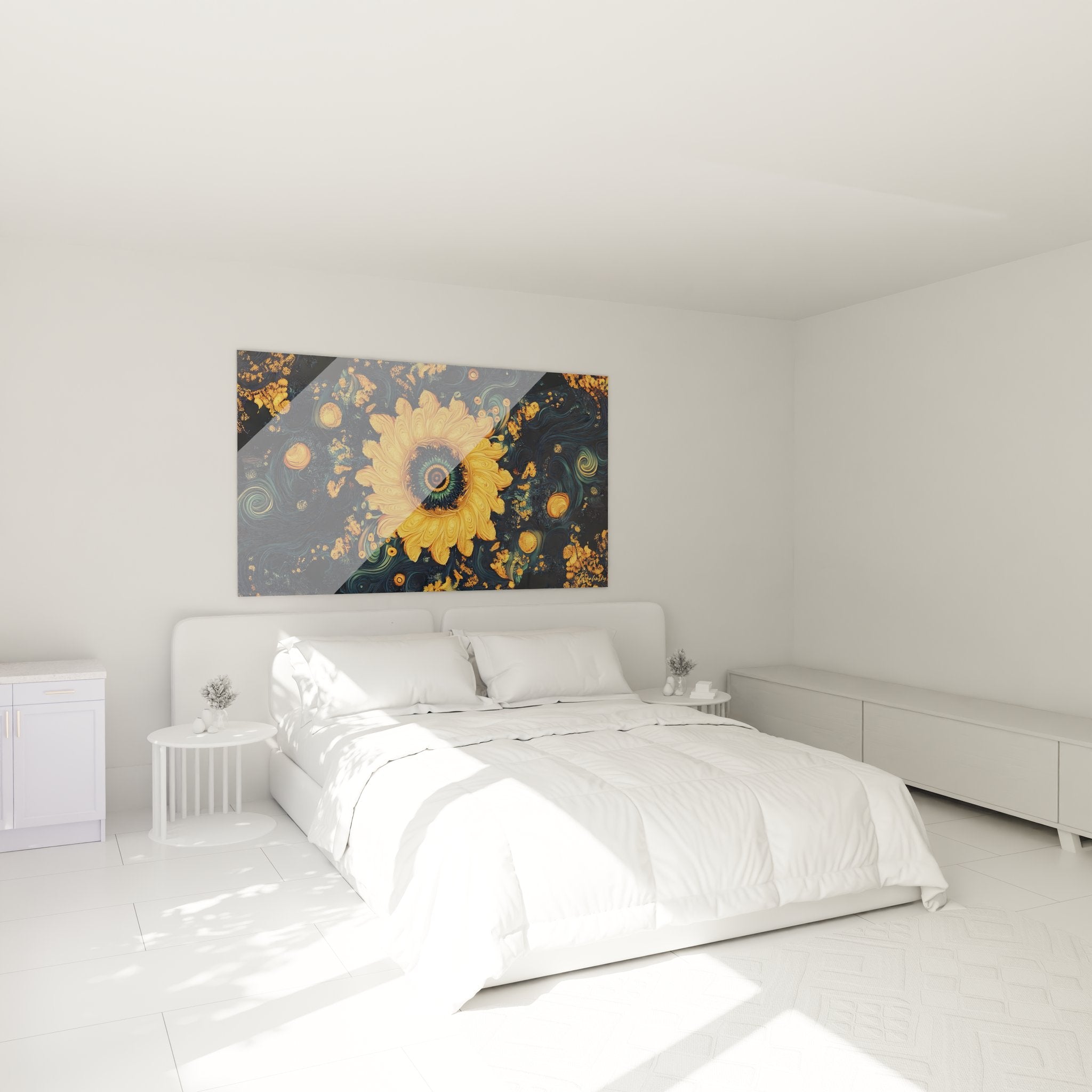 Ambiance chambre avec tableau tournesol fractale doré apportant chaleur et sophistication à la décoration