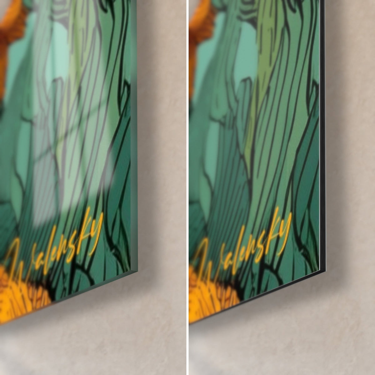 Wall art orange sunflower, bottom right corner: glossy acrylic glass on the left, matte Dibond aluminium on the right, 3 mm edge