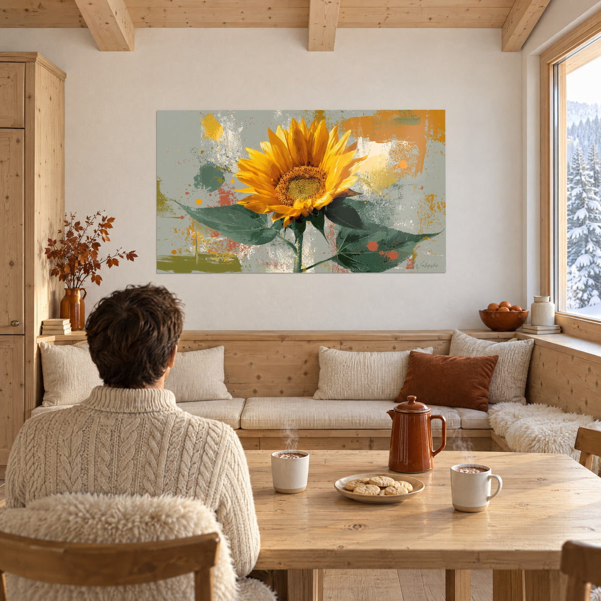 Wall art golden heliotrope with brown centre, green-grey background with rust stains, seen by a man seated from behind in front of his cup