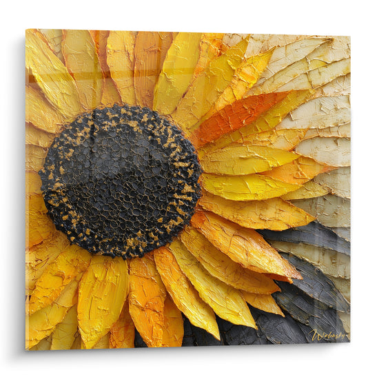 Tournesol aux pétales jaune vif et cœur anthracite texturé, peinture épaisse à la spatule