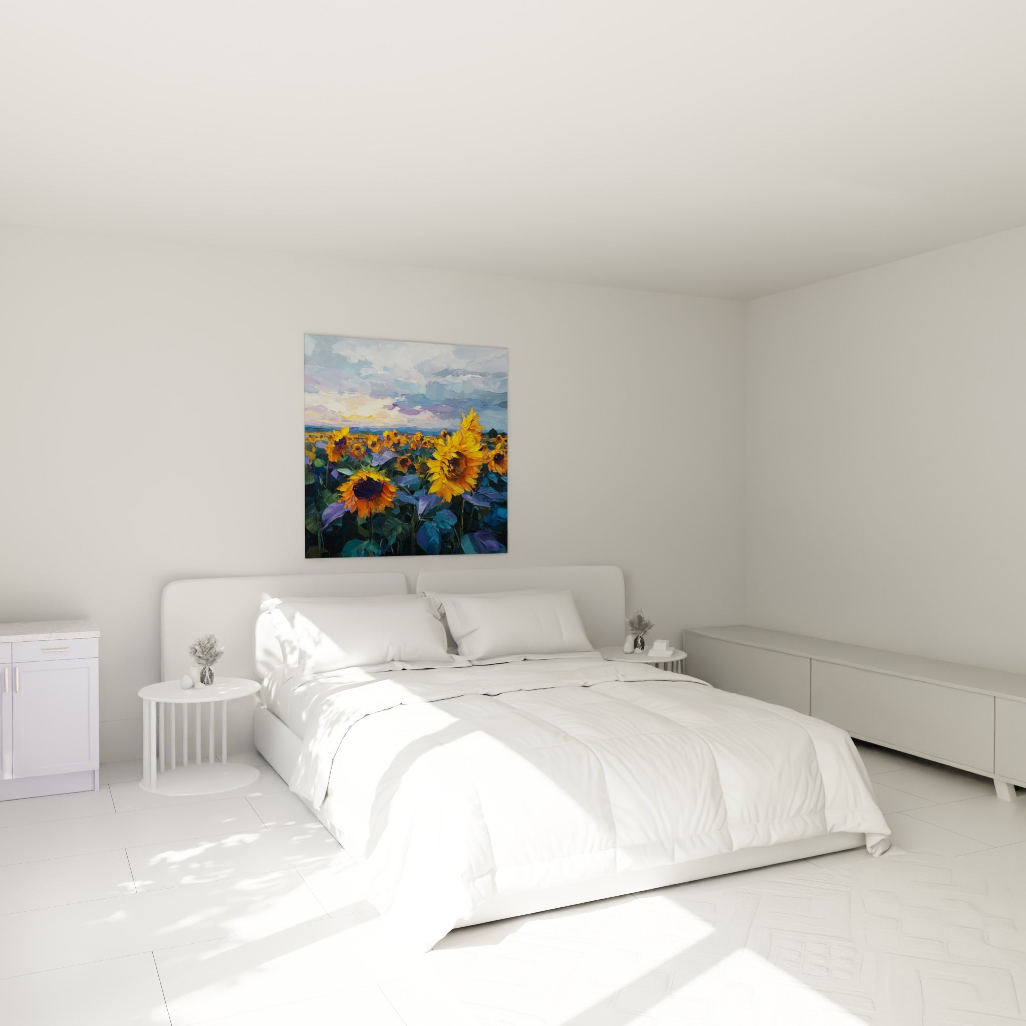 Fleurs de tournesol dorées et feuillage bleu violacé accrochées au-dessus d'un lit dans une chambre claire