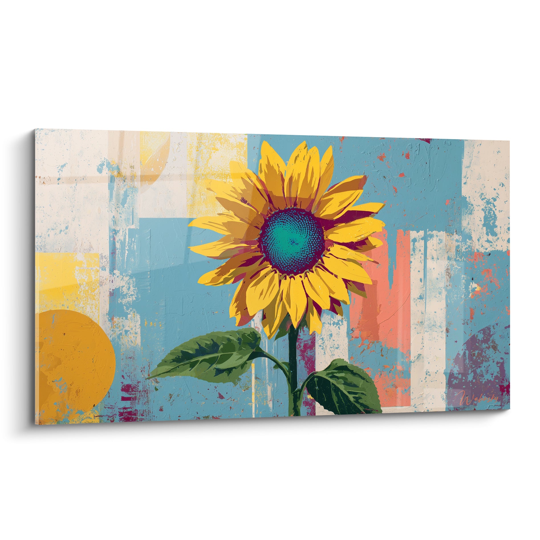 Tournesol jaune aux pétales safran et cœur bleu turquoise sur fond corail patiné