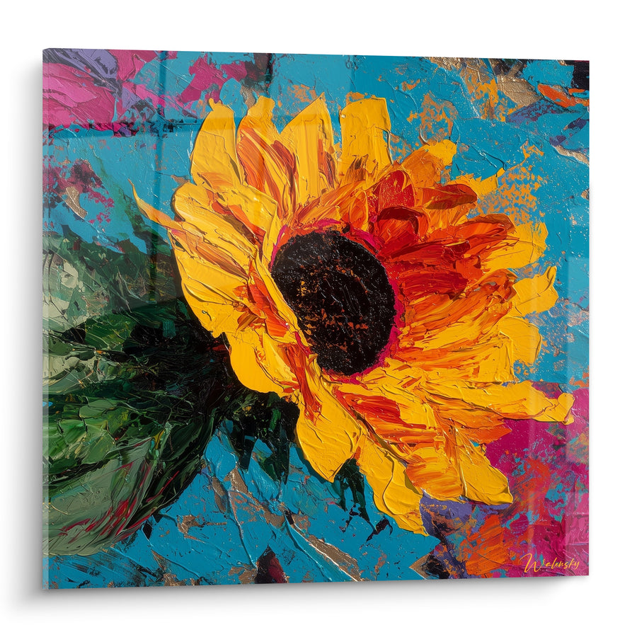 Tableau Tournesol jaune et bleu au cœur noir craquelé - Éclaboussures roses en périphérie - Edition Tournesol