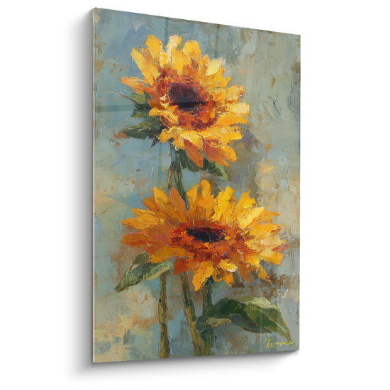 Tableau Tournesols jaunes et gris au couteau épais - Duo aux cœurs bruns - Edition Tournesol