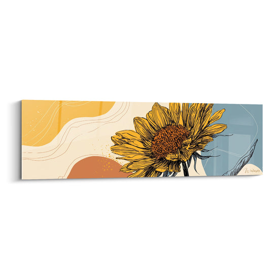 Tournesol jaune vif aux pétales détaillés sur fond bleu pastel et ocre graphique