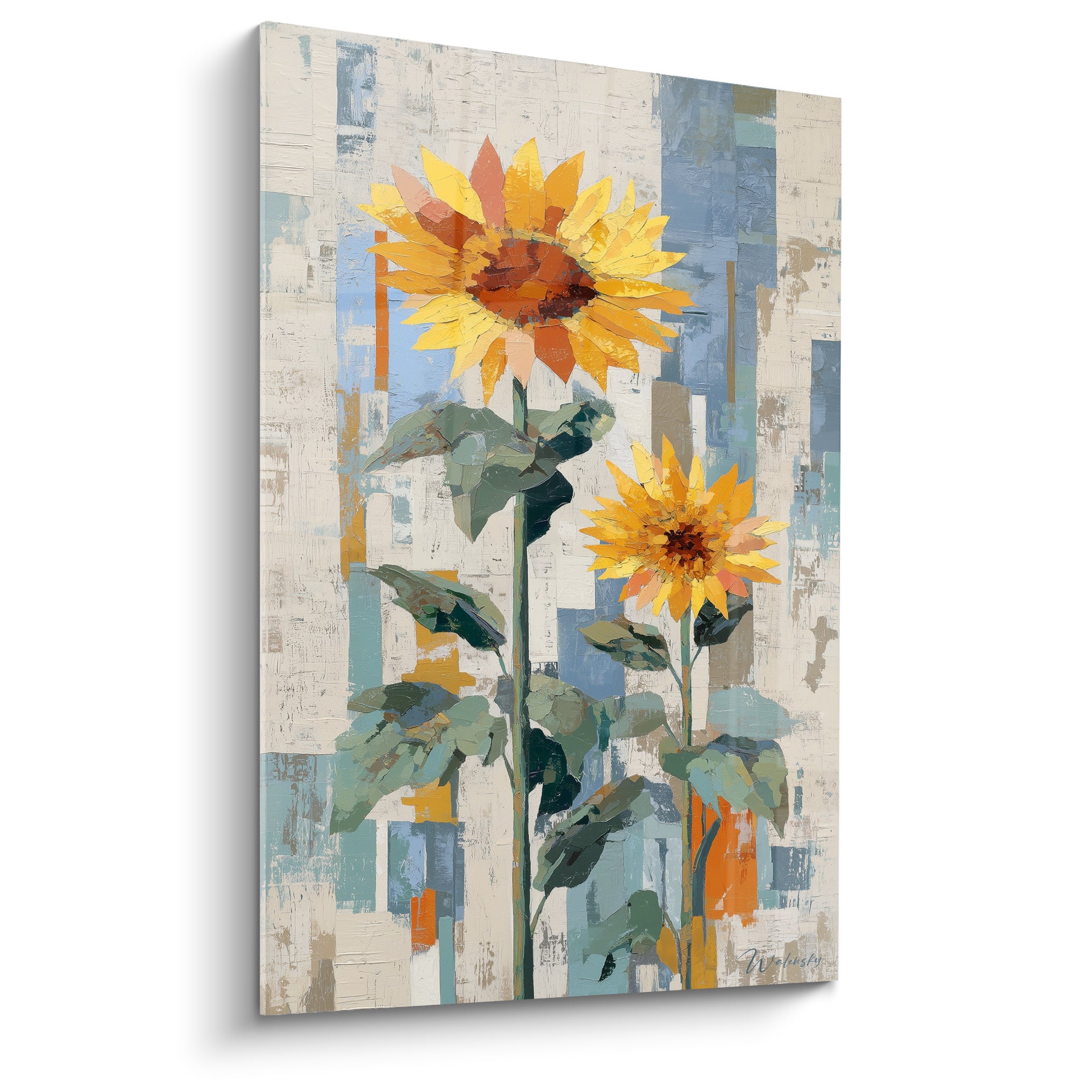 Tournesol jaune et brun roux se déploie sur fond bleu ardoise texturé façon patchwork peint