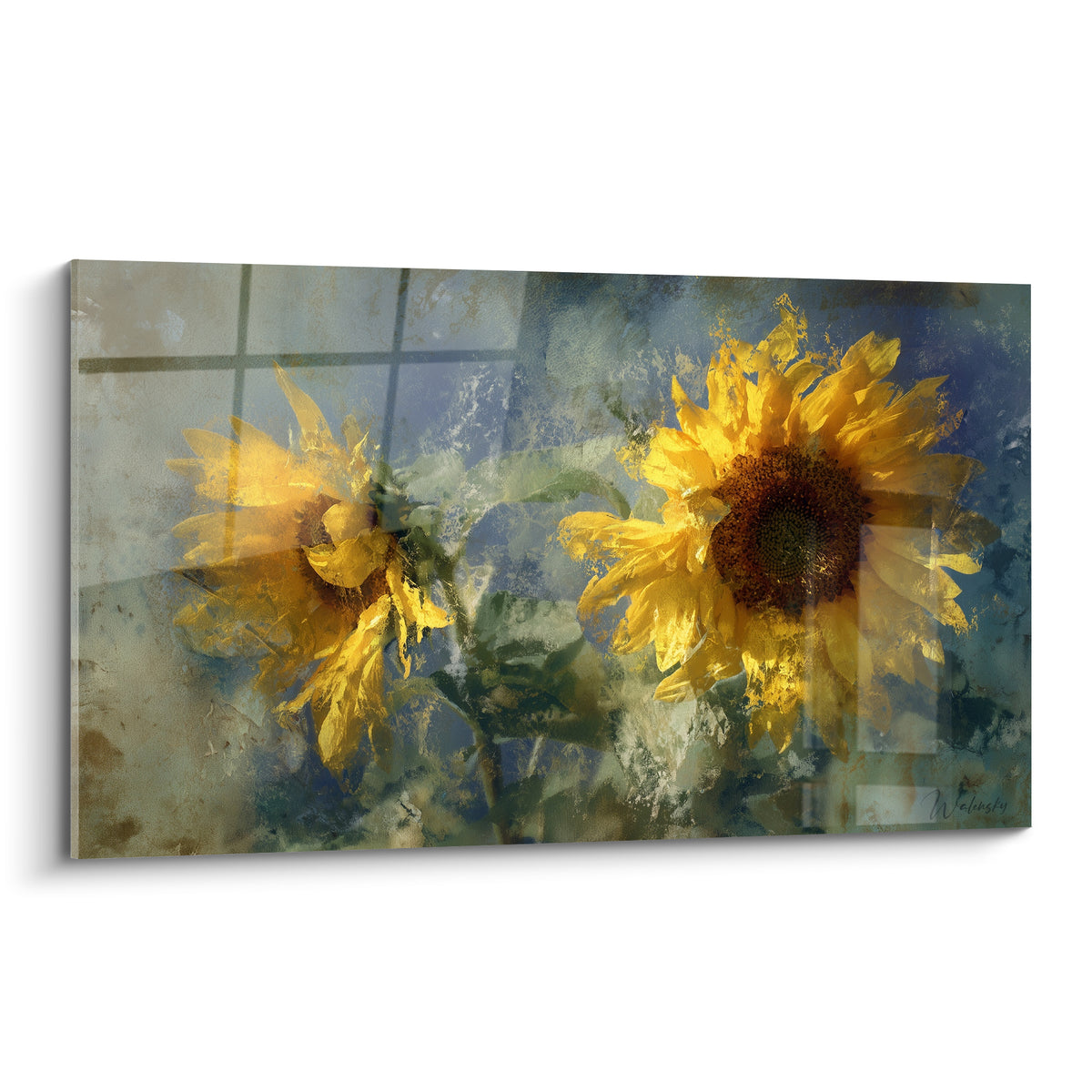Tournesols jaunes aux cœurs bruns sur fond bleu texturé, composition florale picturale et lumineuse