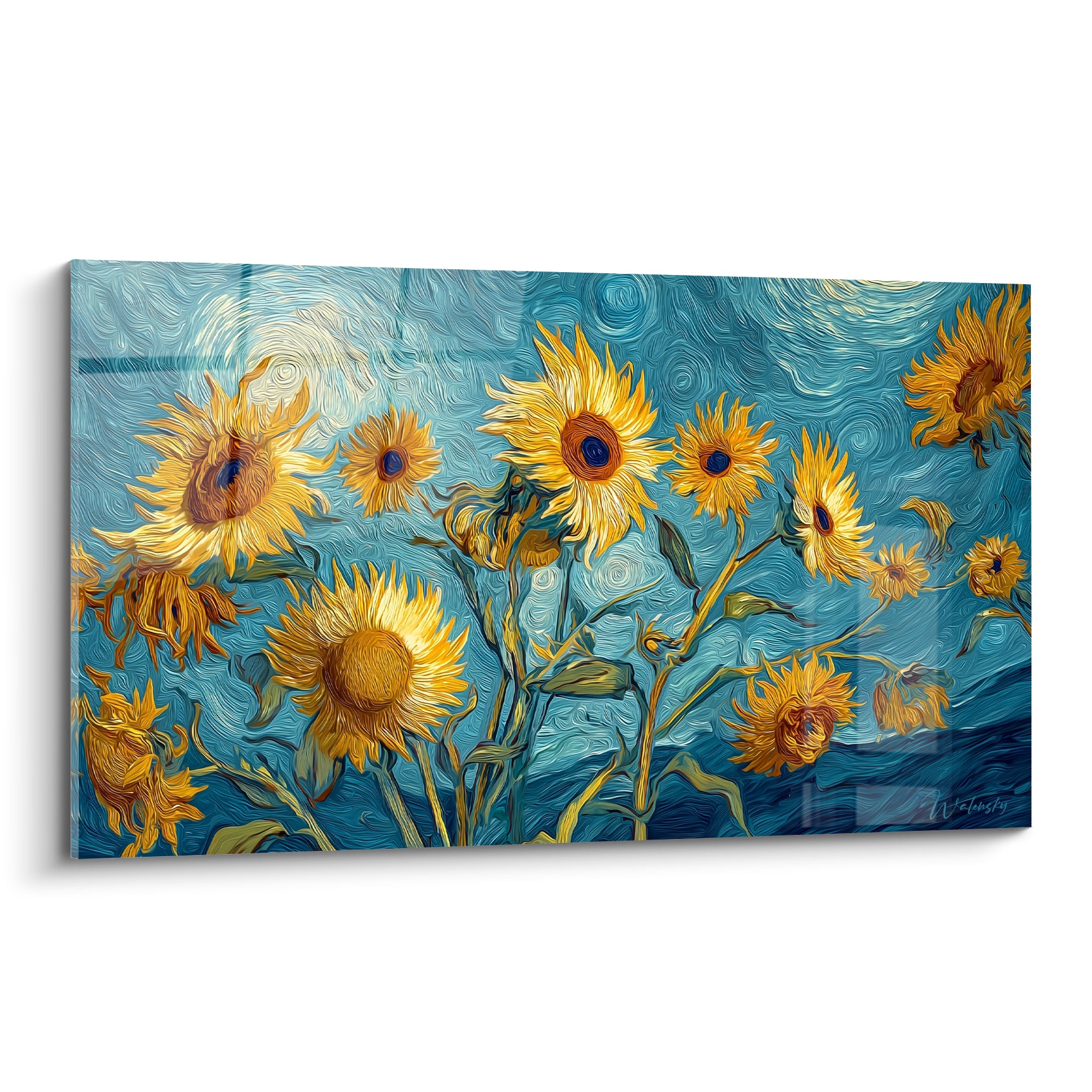Tournesols jaunes et bleu turquoise tourbillonnant, pétales dorés en pleine floraison expressive