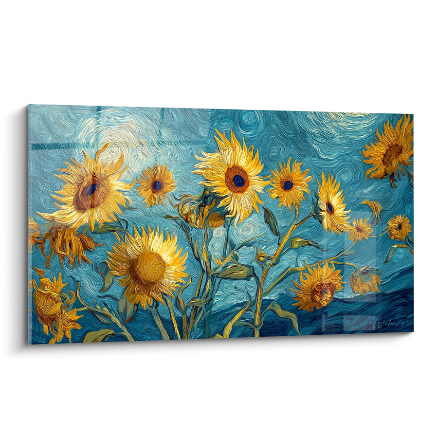 Tableau Tournesols jaunes sur fond bleu tourbillonnant - Danse solaire - Edition Tournesol