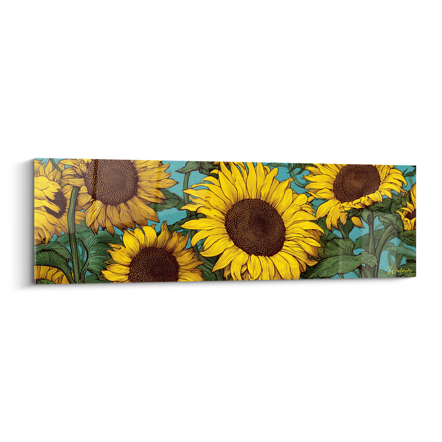Tableau Tournesols jaune et turquoise en gravure détaillée - Cinq fleurs alignées - Edition Tournesol
