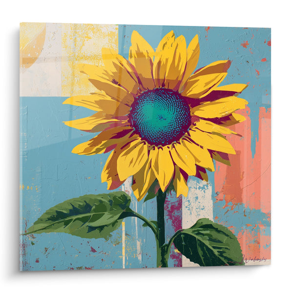 Tableau Tournesol jaune et bleu au cœur turquoise pailleté - Fond corail éclaboussé - Edition Tournesol