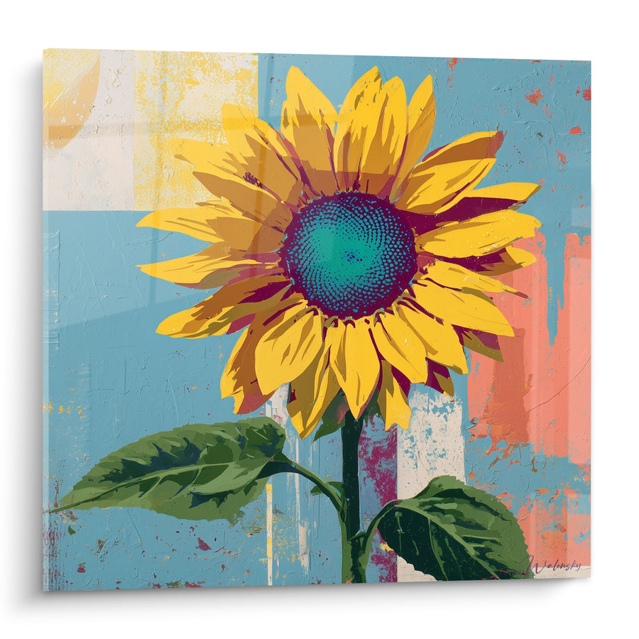 Tableau Tournesol jaune et bleu au cœur turquoise pailleté - Fond corail éclaboussé - Edition Tournesol