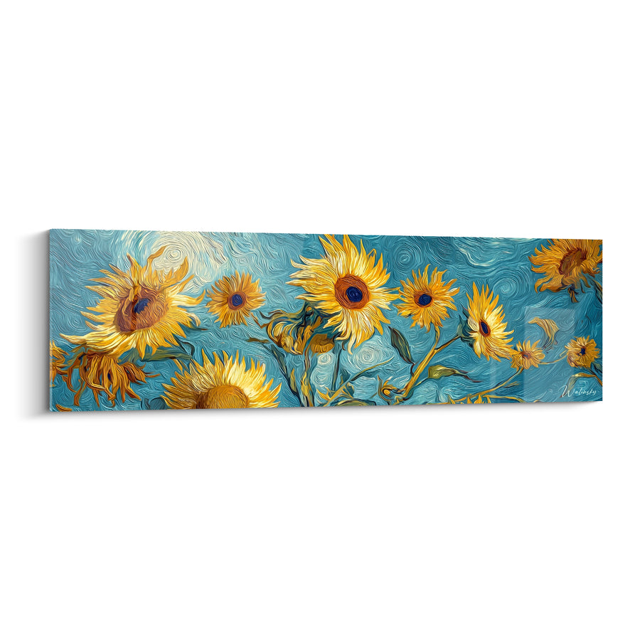 Tableau Tournesols jaunes et turquoise sur fond tourbillonnant - Nuée de fleurs éparses - Edition Tournesol
