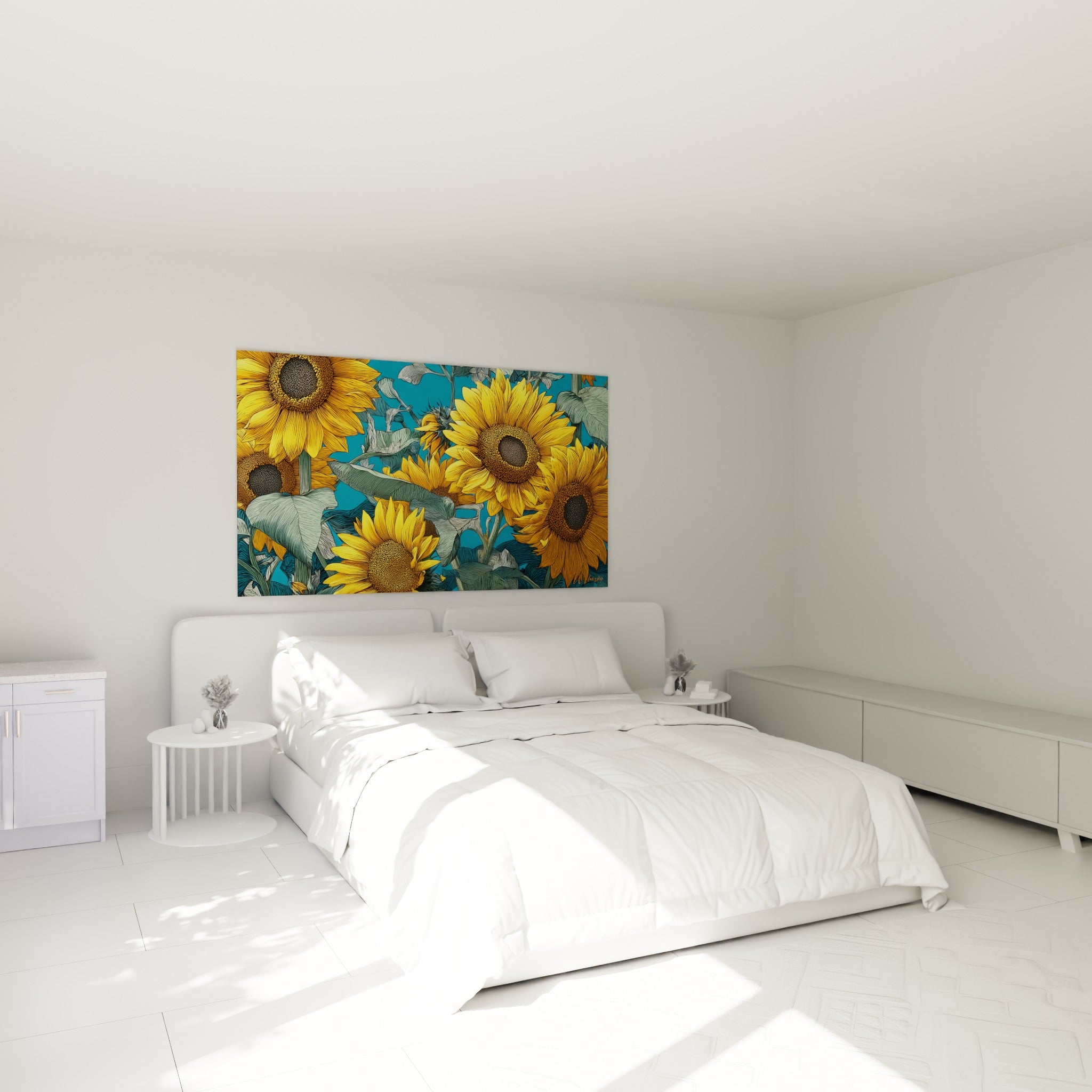 Bouquet de tournesols jaune vif et brun terreux accroché au-dessus d'un lit dans une chambre claire