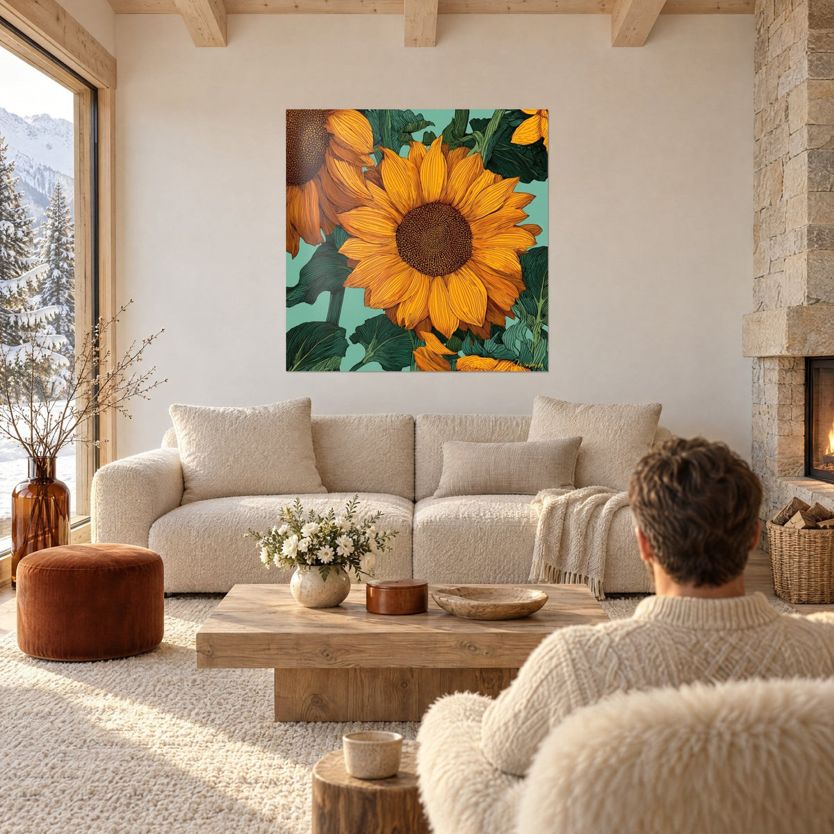 Wall art large orange sunflower with striped petals on a mint background, seen from behind, above a sofa in a bright living room