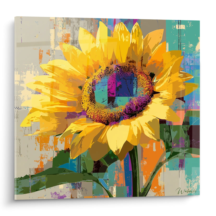 Tableau Tournesol jaune et violet au cœur mosaïque - Fond patchwork multicolore - Edition Tournesol