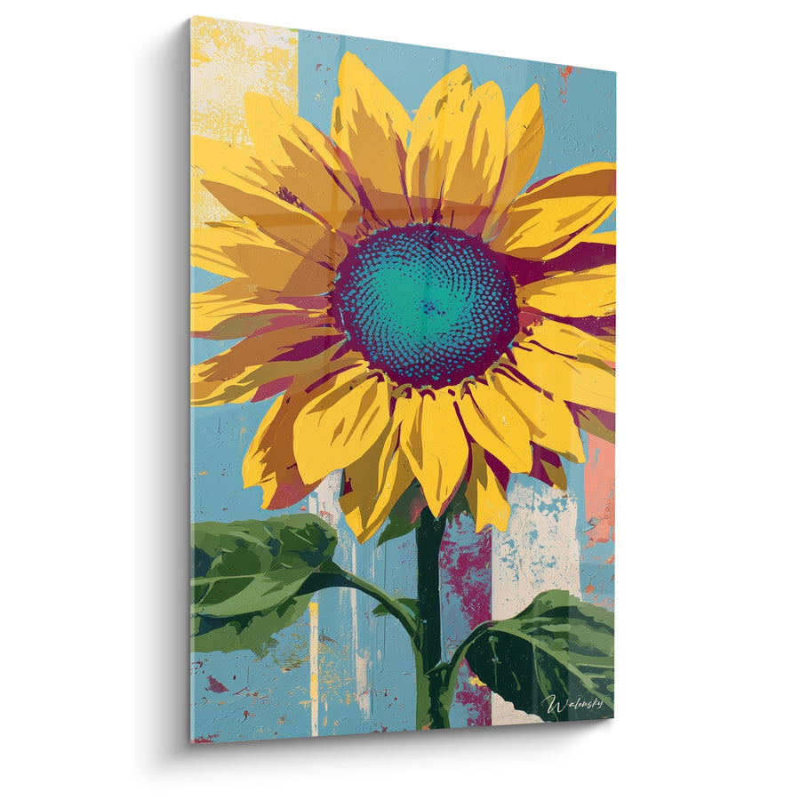Tableau Tournesol jaune et bleu au cœur turquoise moucheté - Fond bleu écaillé - Edition Tournesol
