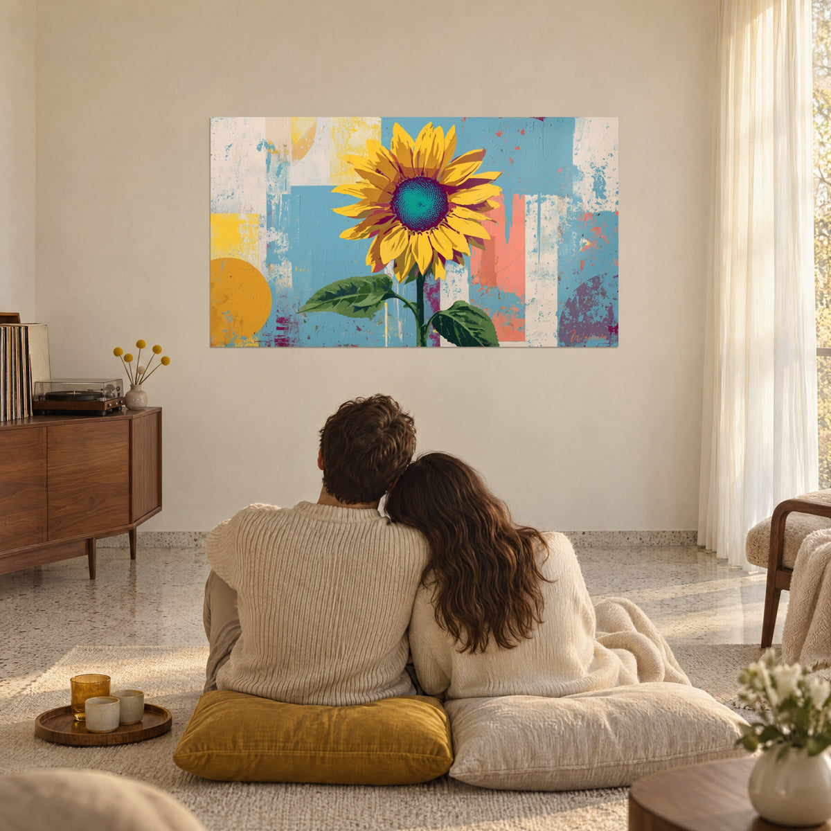 Tableau soleil de pétales moutarde, taches corail et bleu délavé, mur d'un salon lumineux, couple enlacé de dos