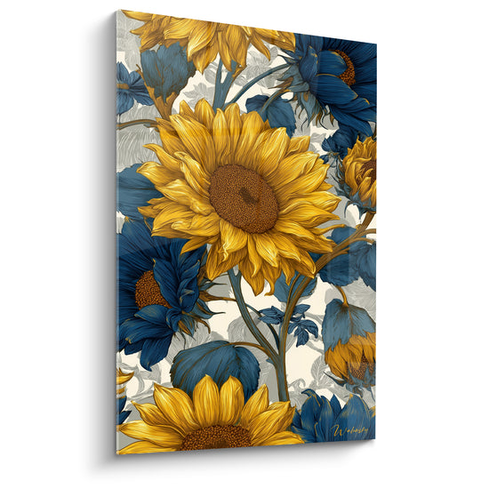 Tableau Tournesols jaunes et bleu marine sur fond feuillage gravé - Bouton flétri en périphérie - Edition Tournesol