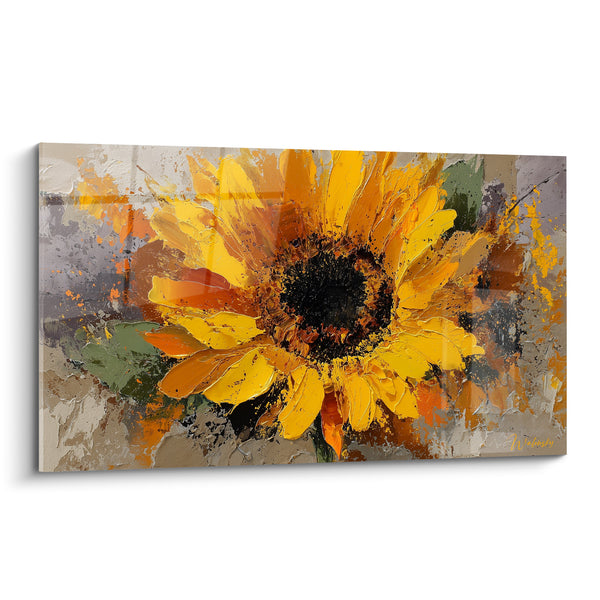Tableau Tournesol jaune et gris sur fond éclaboussé - Empâtement au couteau - Edition Tournesol