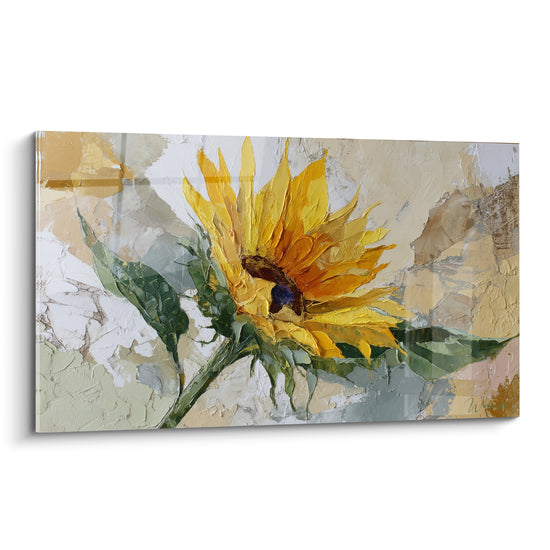 Tournesol jaune et orangé aux pétales texturés, feuilles vert olive sur fond beige craquelé