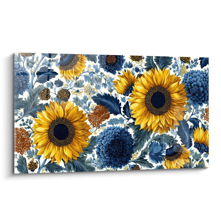 Tableau Tournesols jaunes et dahlias bleu marine - Jardin foisonnant - Edition Tournesol