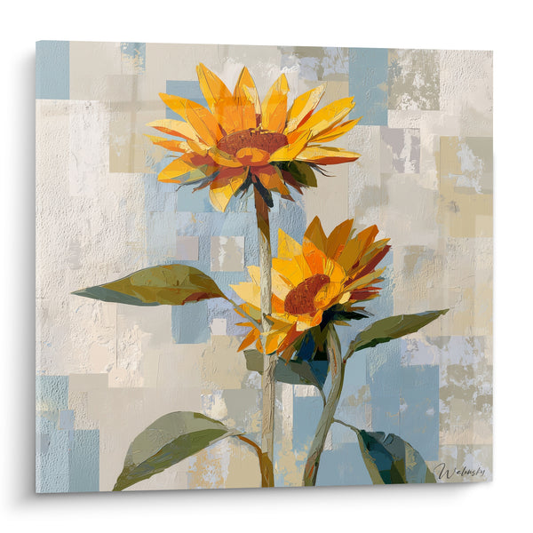 Tableau Tournesols jaune et bleu pastel sur fond patchwork - Douceur champêtre - Edition Tournesol