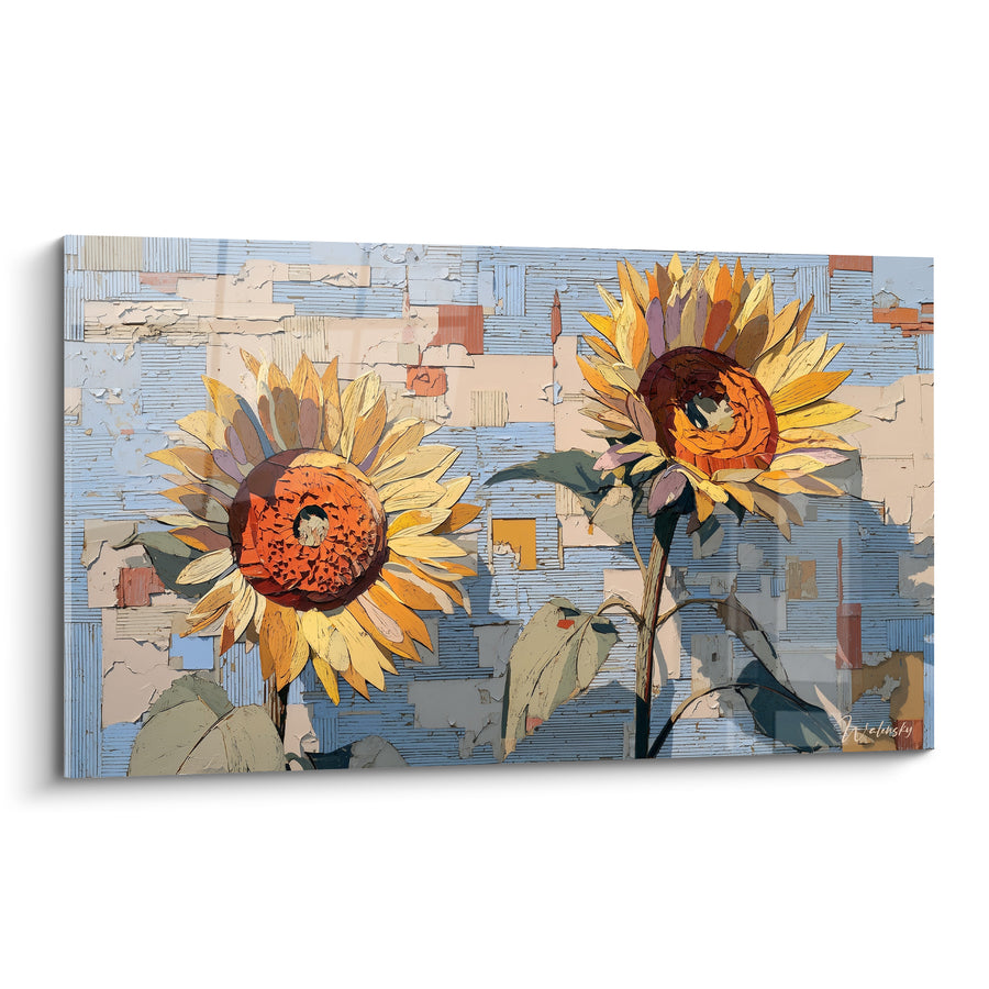 Tableau Tournesols jaunes et bleus sur mur en collage - Duo de cœurs bruns - Edition Tournesol