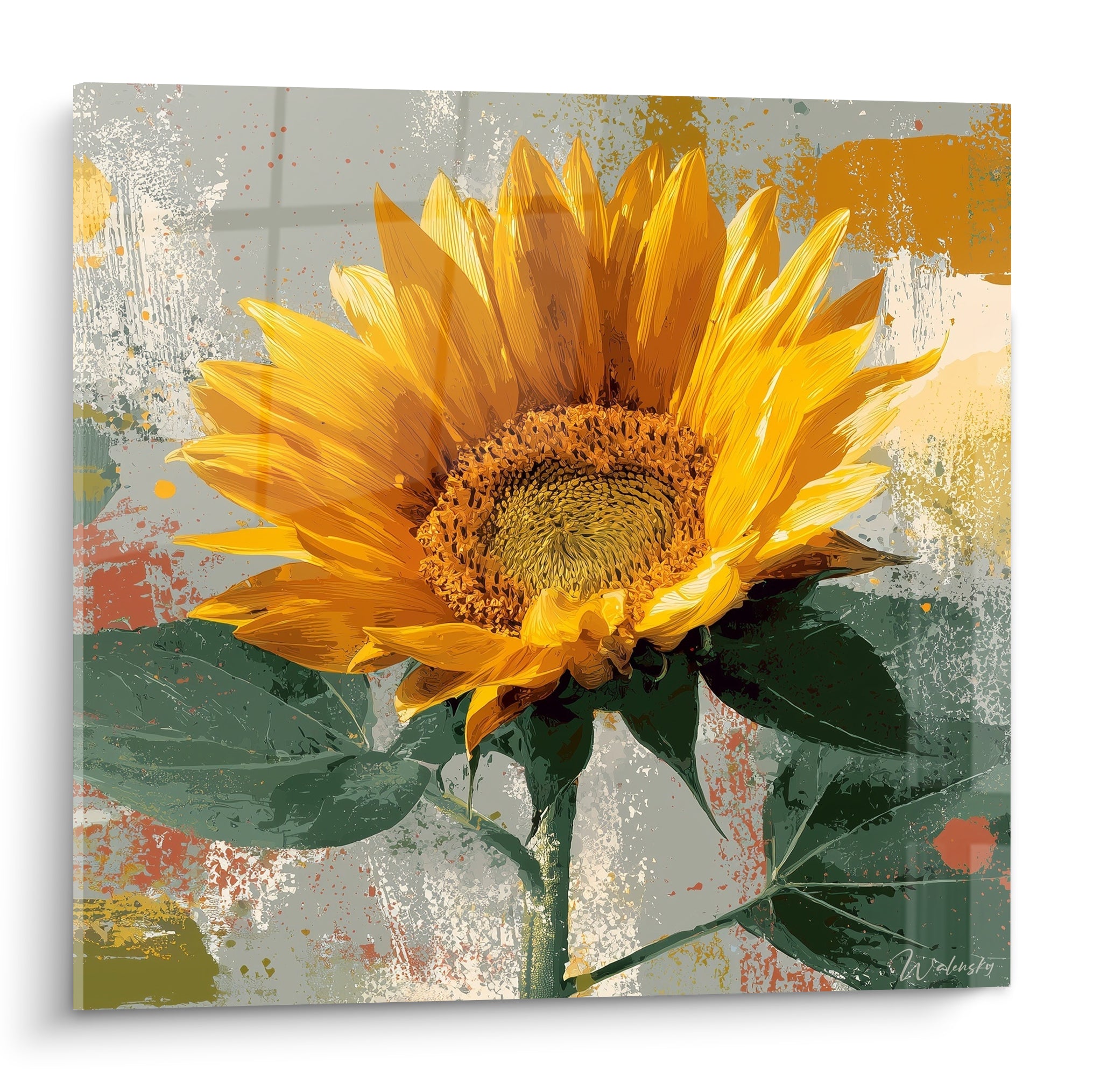 Tournesol jaune doré aux pétales déployés sur fond gris et ocre texturé