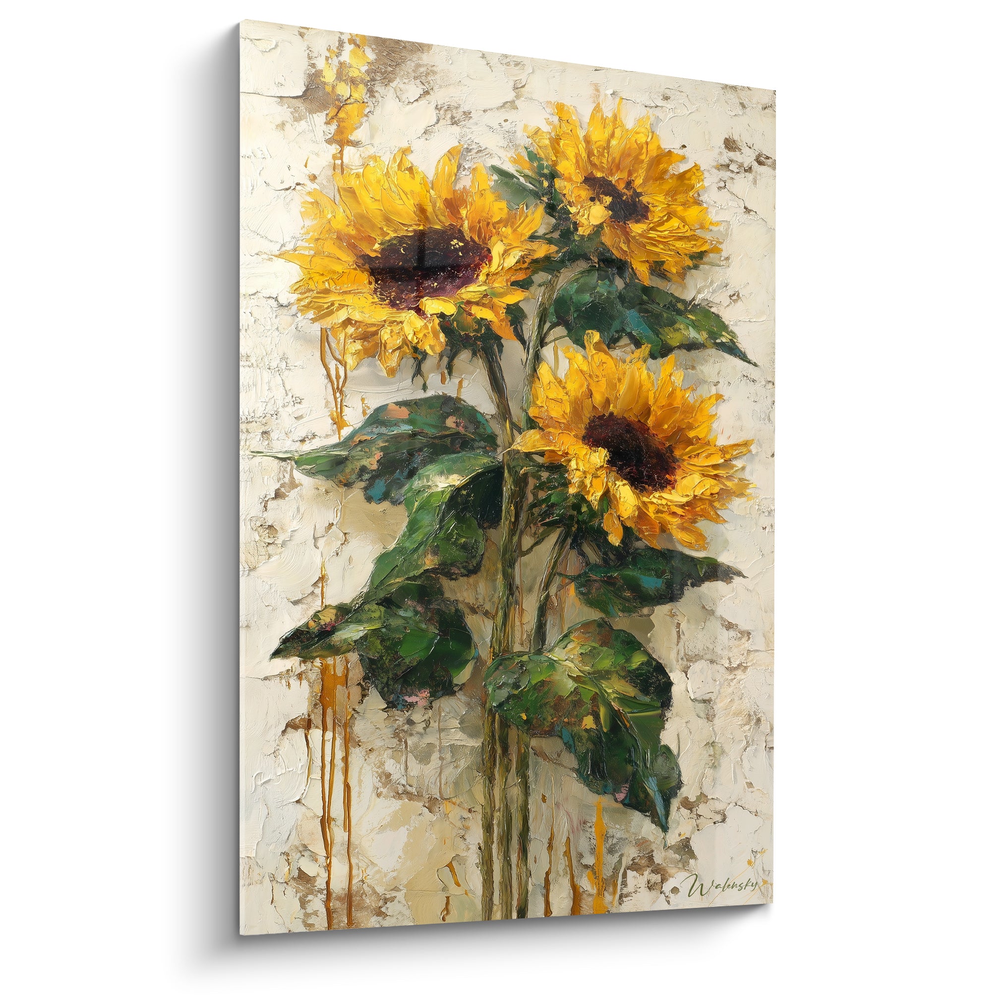 Tournesols jaune doré aux cœurs bruns peints en relief sur fond ivoire craquelé texturé