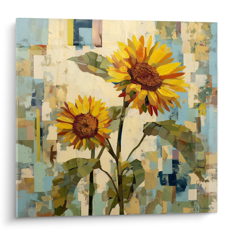 Tableau Tournesols jaunes et bleu pâle en duo sur fond mosaïque - Grande feuille dentelée - Edition Tournesol