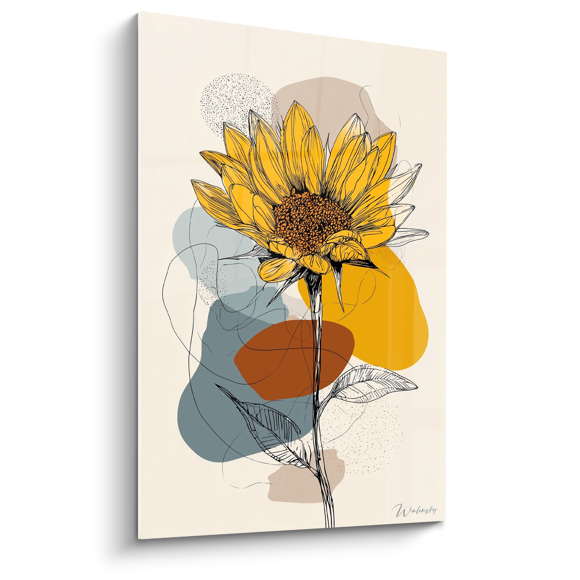 Tournesol jaune aux pétales esquissés sur fond crème avec formes bleu ardoise et terracotta