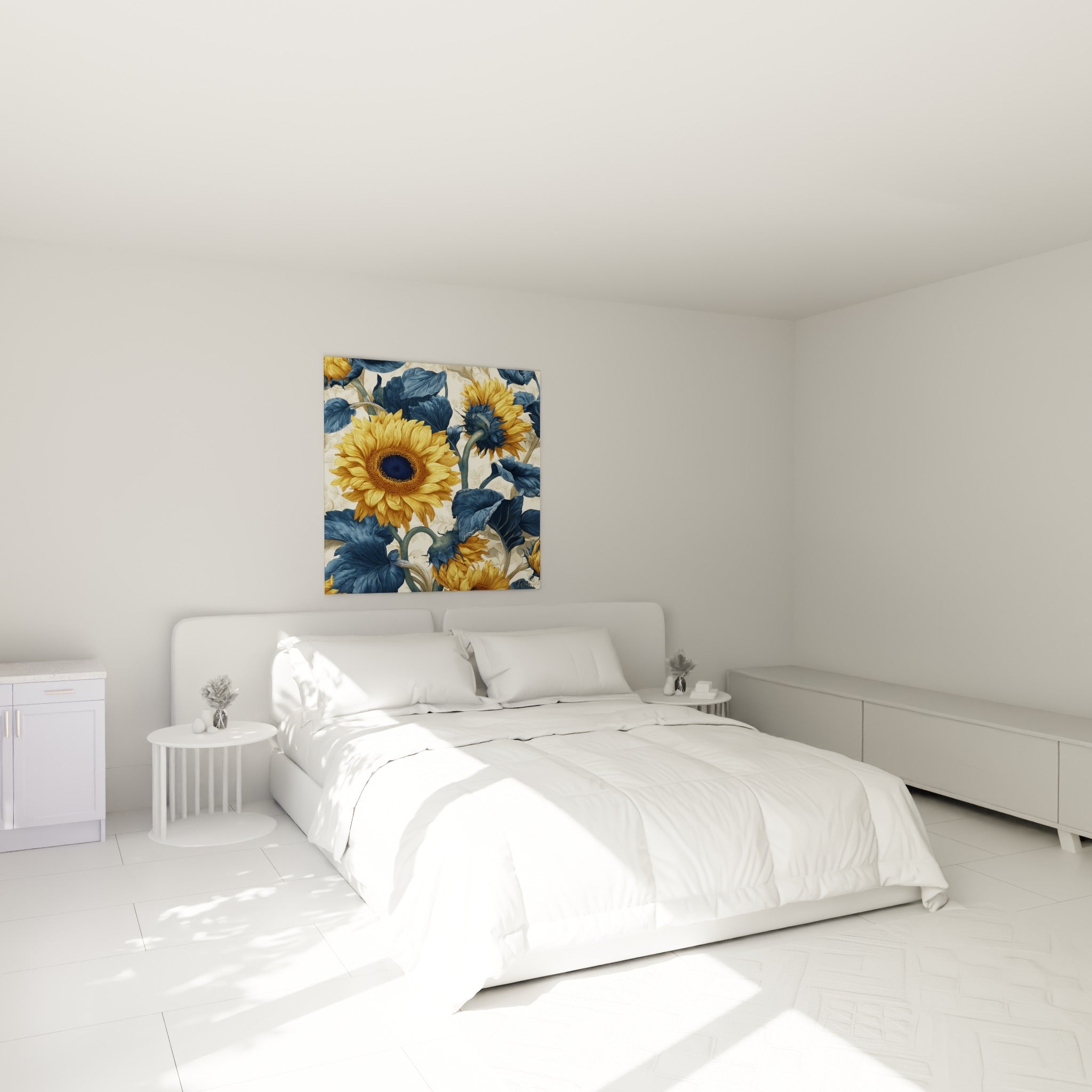 Bouquet de tournesols dorés et bleu marine surplombant un lit dans une chambre claire et apaisante