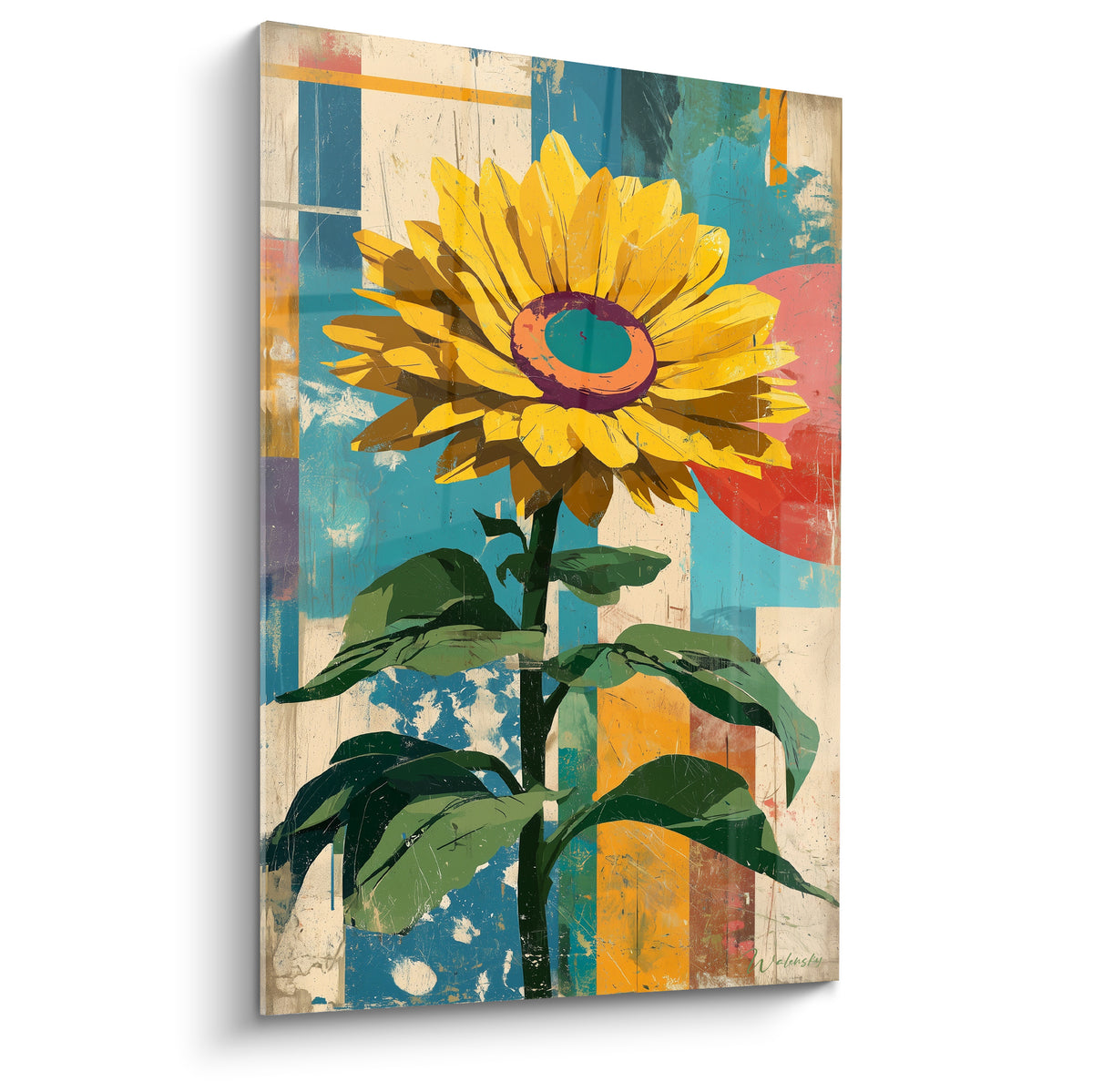 Tournesol jaune doré au cœur bleu turquoise sur fond géométrique bleu et ocre patiné