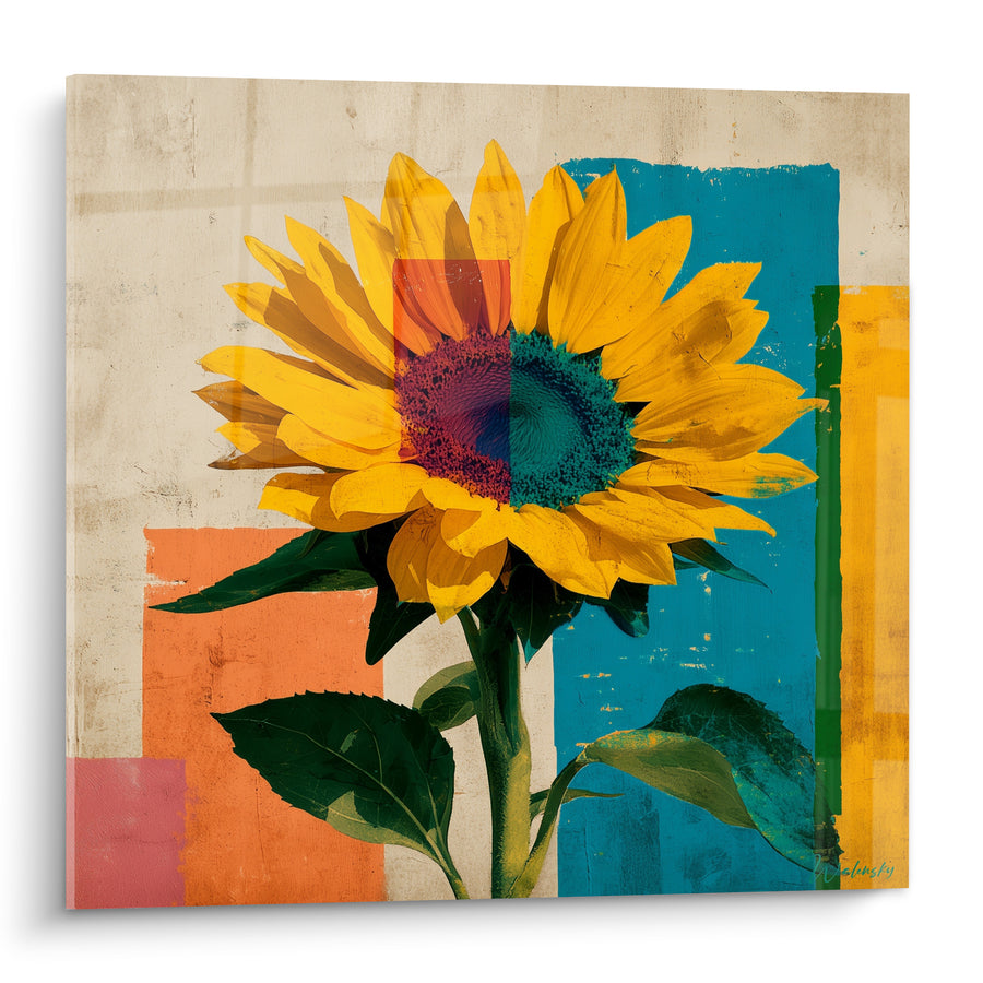 Tableau Tournesol jaune sur fond bleu et orange - Éclosion géométrique - Edition Tournesol
