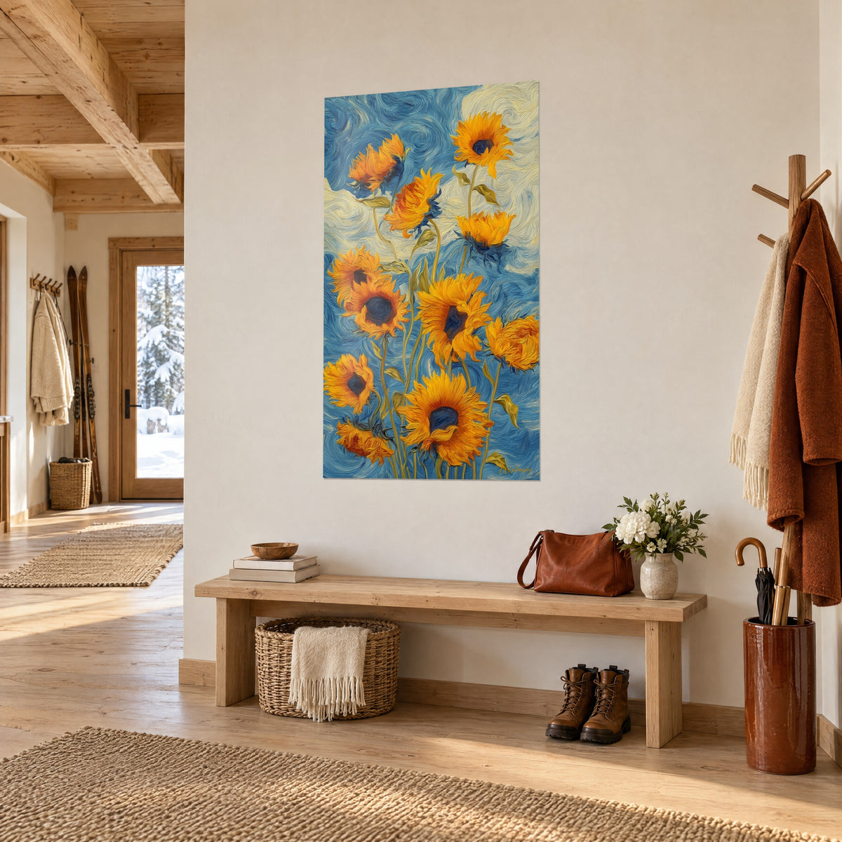 Cuadro de un ramo de flores amarillo azafrán con tallos verdes sobre un fondo azul celeste arremolinado, visto de tres cuartos en un recibidor de madera