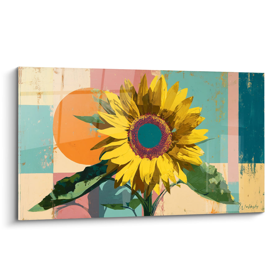 Tableau Tournesol jaune et turquoise devant cercle orange - Damier pastel géométrique - Edition Tournesol