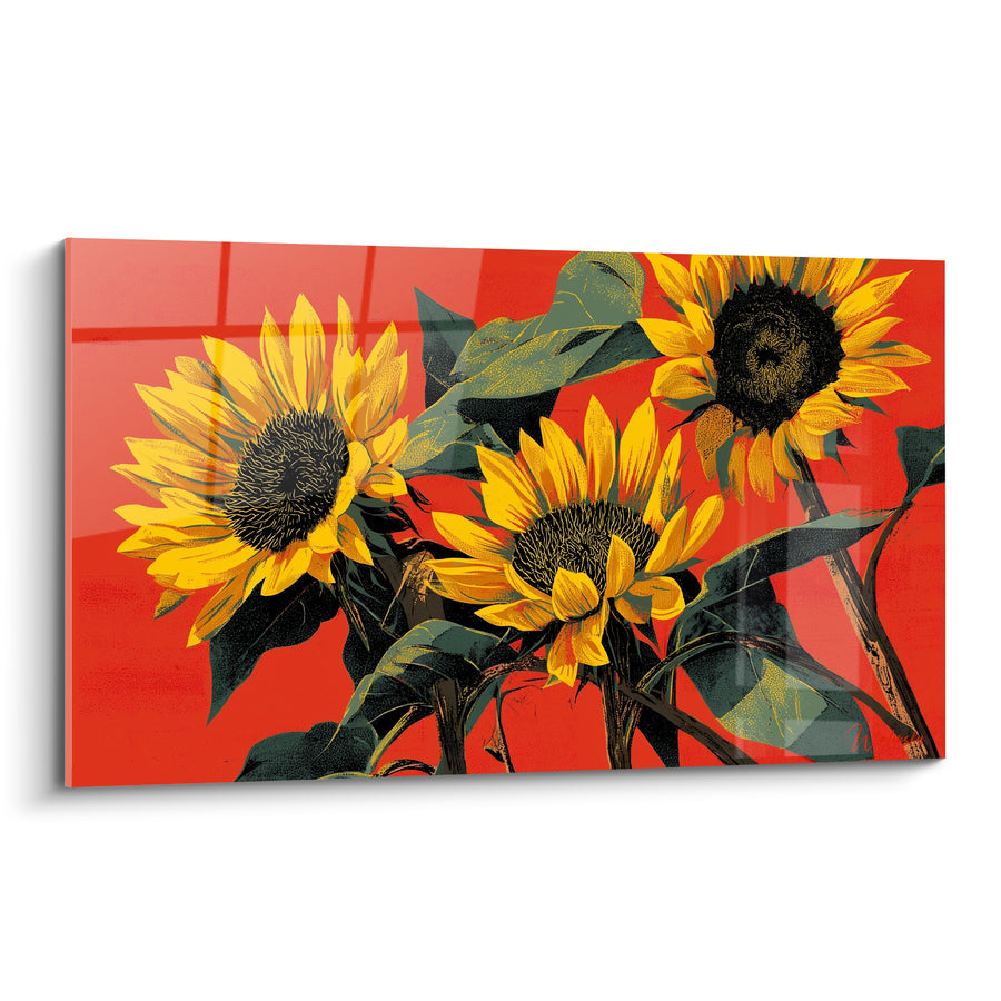 Tableau Tournesols jaune et rouge au trio serré - Cœurs noirs veloutés - Edition Tournesol