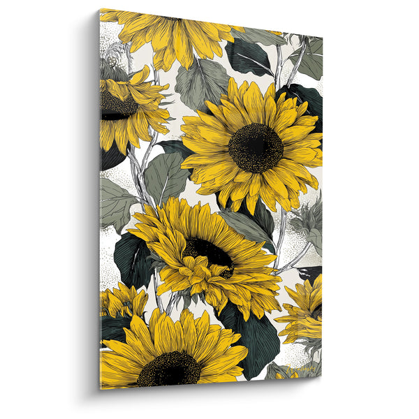 Tableau Tournesols jaune et gris illustrés en surimpression dense - Feuilles pointillées argentées - Edition Tournesol